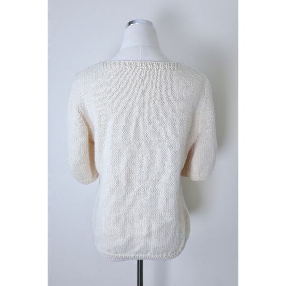 Handmade Cottagecore Short Sleeve Sweater Top Square Neck Cream Cable Knit - Picture 11 of 12